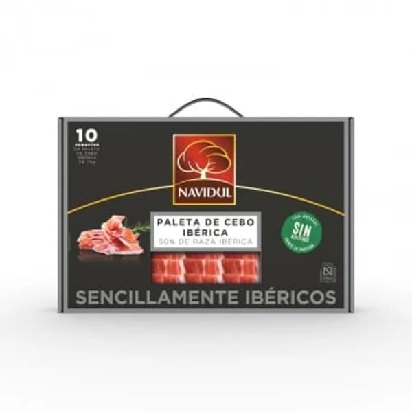 Maletín de Paleta de Cebo Ibérica 50% Raza Ibérica en lonchas Navidul 10 sobres de 70 g - 0.7 kg - Imagen del producto en Findit