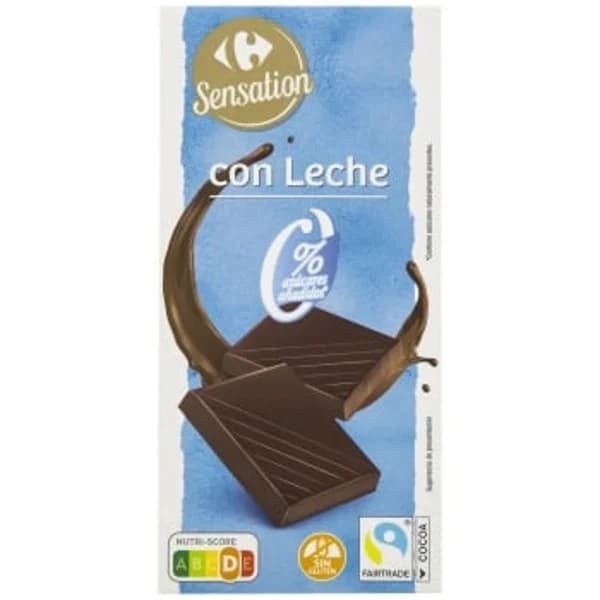 Chocolate con leche Carrefour Sensation sin gluten y sin azúcar añadido 125 g. - 0.13 kg - Imagen del producto en Findit