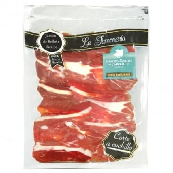 Jamón de Bellota Ibérico 100% Raza Ibérica en lonchas corte a cuchillo Sánchez Romero Carvajal 80 g - 0.08 kg - Imagen del producto en Findit