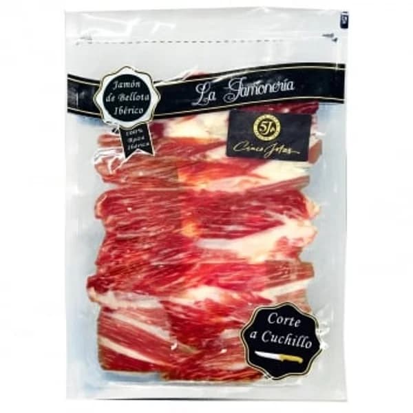 Jamón de Bellota Ibérico 100% Raza Ibérica en lonchas corte a cuchillo 5 Jotas 80 g - 0.08 kg - Imagen del producto en Findit