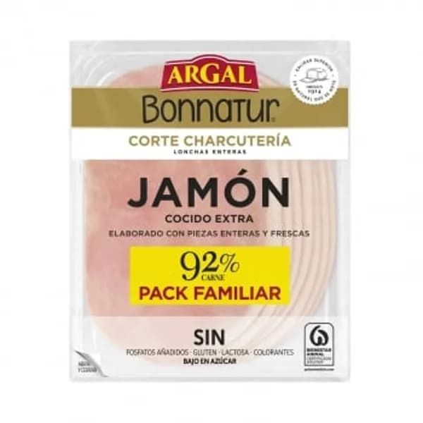 Jamón cocido extra en lonchas enteras Argal Bonnatur sin gluten y sin lactosa 200 g. - 0.2 kg - Imagen del producto en Findit