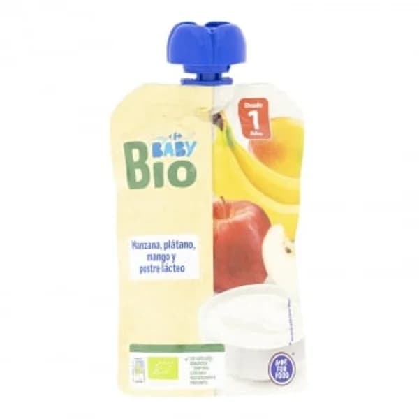 Bolsita de yogur griego, manzana, plátano y mango ecológico My Carrefour Baby Bio sin azúcar añadido 100 g. - 0.1 kg - Imagen del producto en Findit