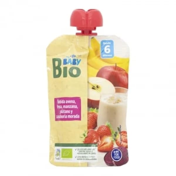 Bolsita de bebida de avena, fresa, manzana, plátano y zanahoria morada ecológica My Carrefour Baby Bio sin azúcar añadido 100 g. - 0.1 kg - Imagen del producto en Findit