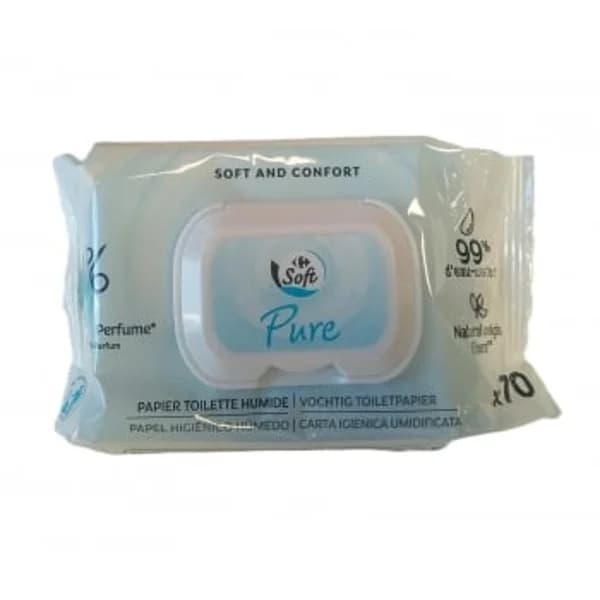 Papel higiénico húmedo pure Carrefour Soft 70 ud. - 86.5 ud - Imagen del producto en Findit
