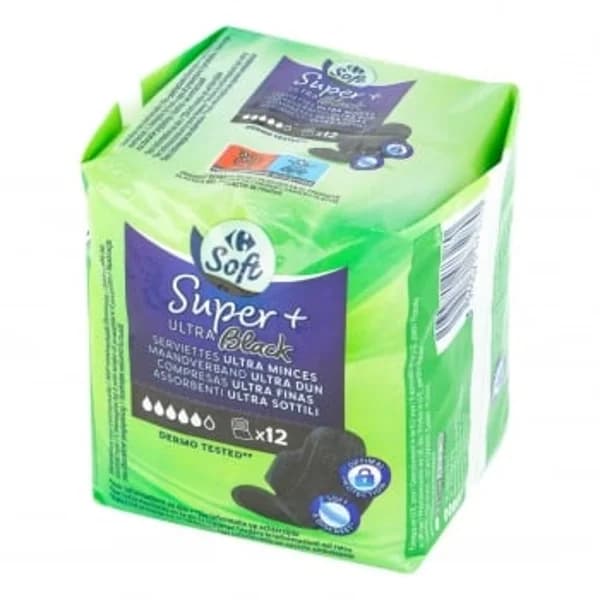 Compresas ultra finas con alas super+ negras Soft Carrefour 12 ud. - 11.67 ud - Imagen del producto en Findit