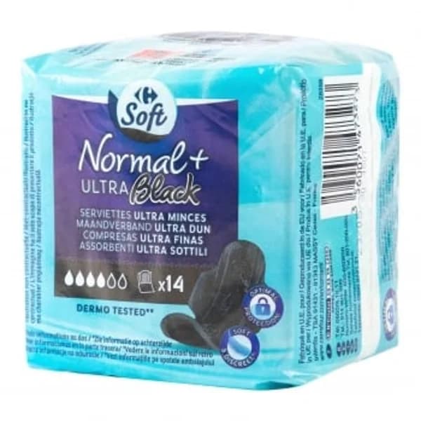 Compresas ultra finas con alas negras Soft Carrefour 14 ud. - 14.58 ud - Imagen del producto en Findit