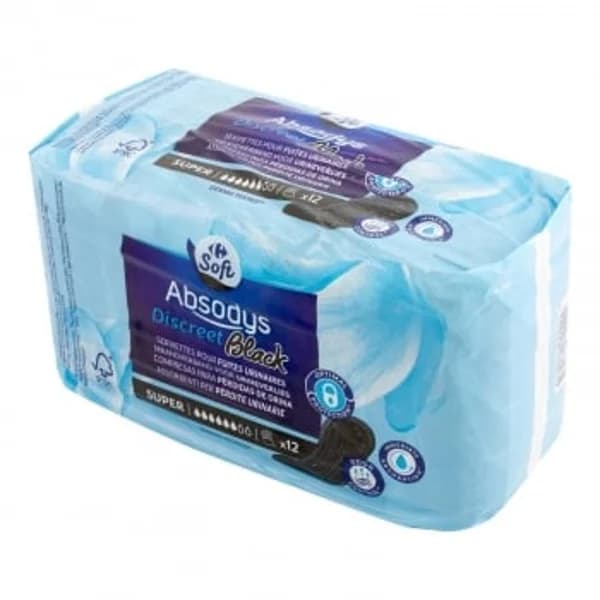 Compresas para incontinencia de orina super negras Soft Carrefour 12 ud. - 12.05 ud - Imagen del producto en Findit