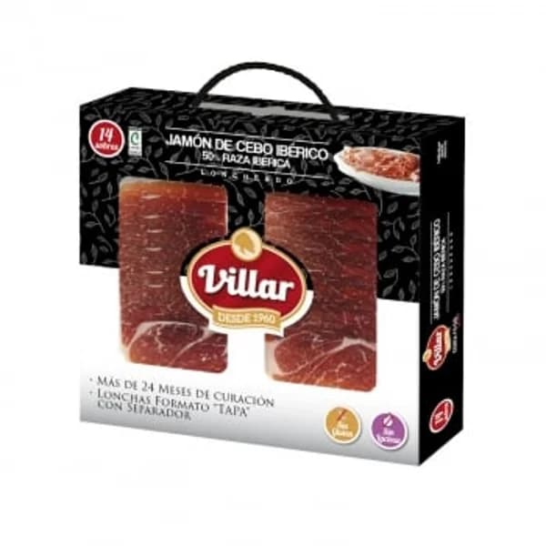 Maletín de Jamón de Cebo Ibérico 50% Raza Ibérica en lonchas Villar sin gluten y sin lactosa 14 sobres de 50 g - 0.7 kg - Imagen del producto en Findit