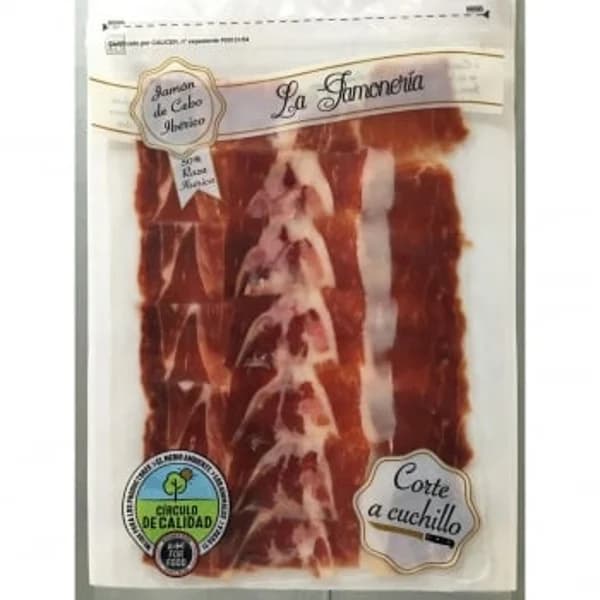 Jamón de Cebo Ibérico 50% Raza Ibérica cortado a cuchillo Círculo de Calidad 100 g aprox - 0.1 kg - Imagen del producto en Findit