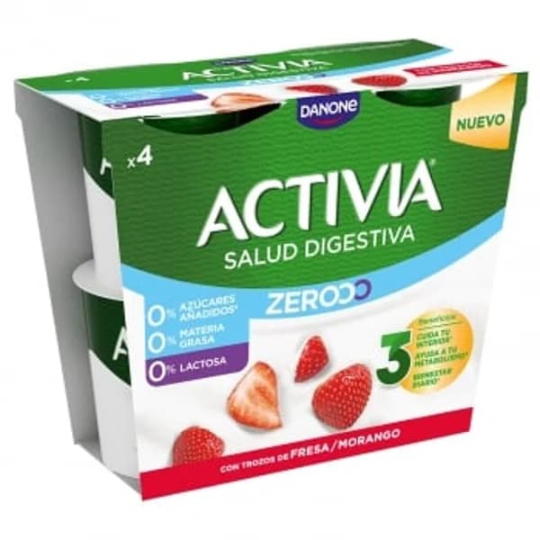Leche fermentada con trozos de fresa Danone Activia sin lactosa pack de 4 unidades de 120 g. - 0.48 kg - Imagen del producto en Findit