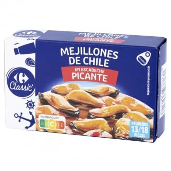 Mejillón de Chile en escabeche picante 14/18 Classic Carrefour 69 g. - 0.07 kg - Imagen del producto en Findit