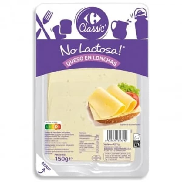 Queso en tierno en lonchas Carrefour Classic sin lactosa 150 g. - 0.15 kg - Imagen del producto en Findit
