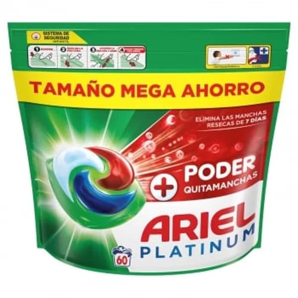 Detergente en cápsulas poder quitamanchas Ariel Platinum 60 lavados. - 60.37 ud - Imagen del producto en Findit