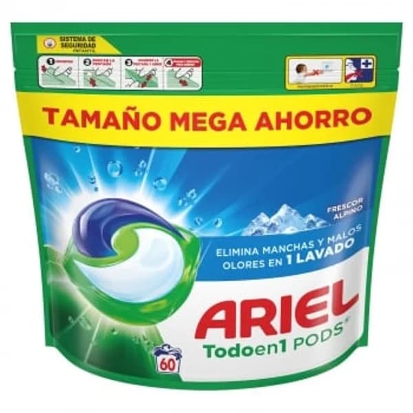 Detergente en cápsulas frescor alpino Todoen1 Pods Ariel 60 lavados. - 60.2 ud - Imagen del producto en Findit