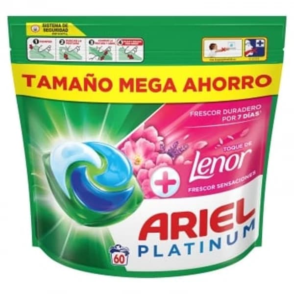 Detergente en cápsulas +toque de Lenor frescor sensaciones Platinum Ariel 60 lavados. - 60.19 ud - Imagen del producto en Findit