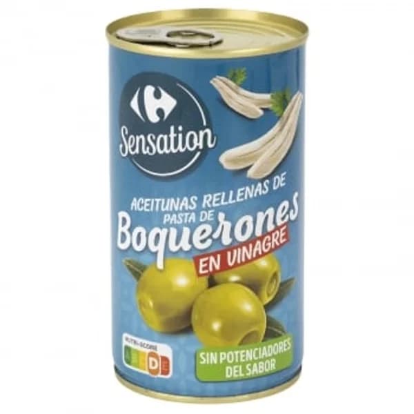 Aceitunas rellenas de pasta de boquerón en vinagre Sensation Carrefour 150 g. - 0.15 kg - Imagen del producto en Findit