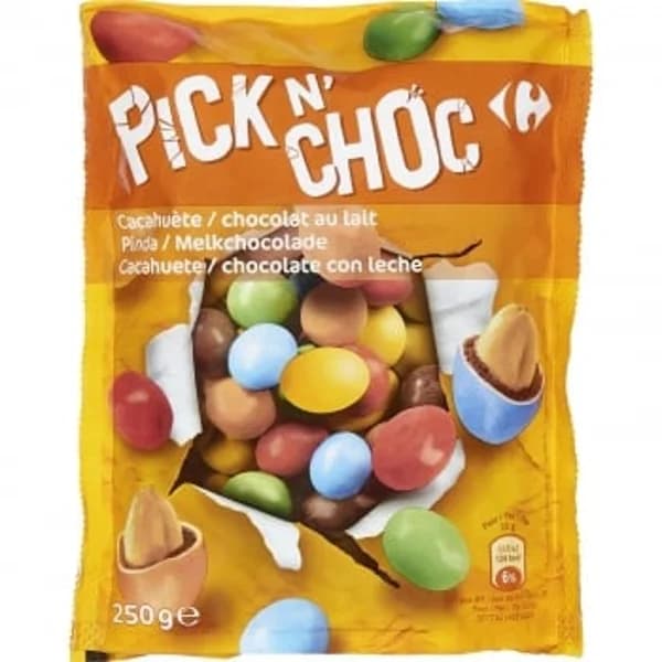 Grageas de cacahuetes recubiertos de chocolate Pickn'Choc Carrefour 250 g. - 0.25 kg - Imagen del producto en Findit