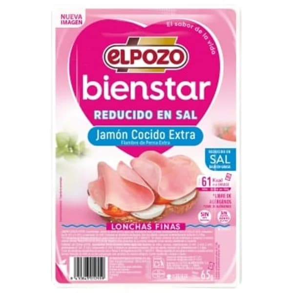 Jamón cocido en finas lonchas El Pozo Bienstar sin gluten y sin lactosa 65 g - 0.07 kg - Imagen del producto en Findit