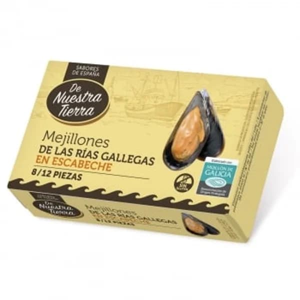 Mejillones en escabeche fritos en aceite de oliva 8/12 De Nuestra Tierra sin gluten 69 g. - 0.07 kg - Imagen del producto en Findit