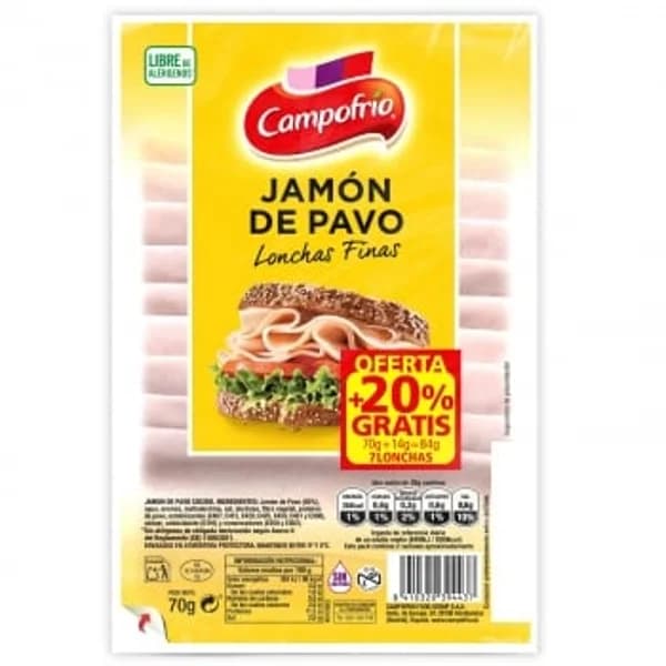 Jamón de pavo cocido en lonchas finas Campofrío sin gluten y sin lactosa 70 g - 0.07 kg - Imagen del producto en Findit