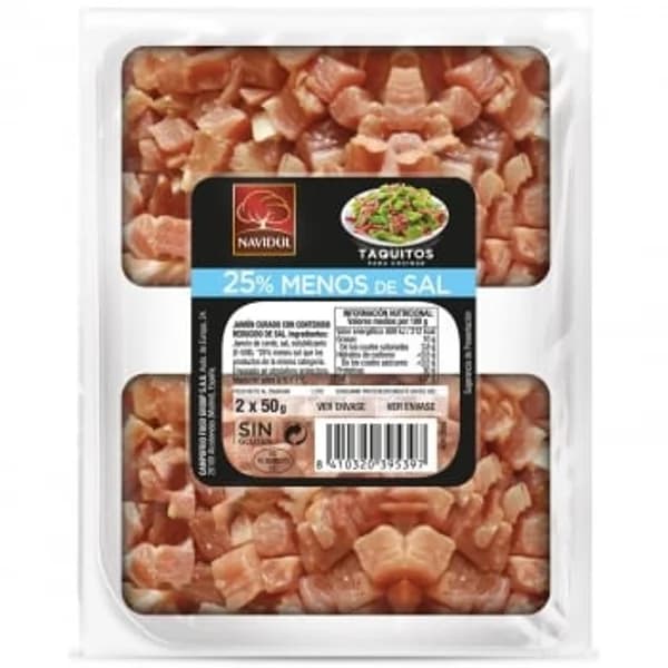 Jamón Curado 25% menos de sal en taquitos Navidul sin gluten pack de 2 unidades de 50 g - 0.1 kg - Imagen del producto en Findit