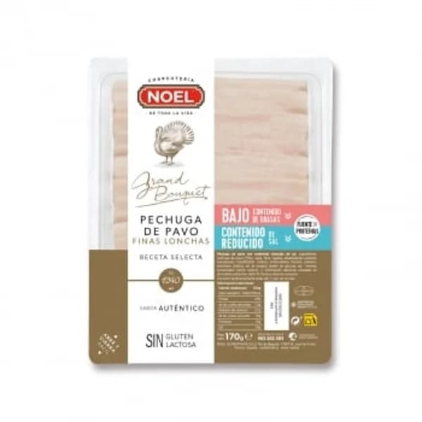 Pechuga de pavo en finas lonchas Noel Grand Bouquet sin gluten y sin lactosa 170 g. - 0.17 kg - Imagen del producto en Findit