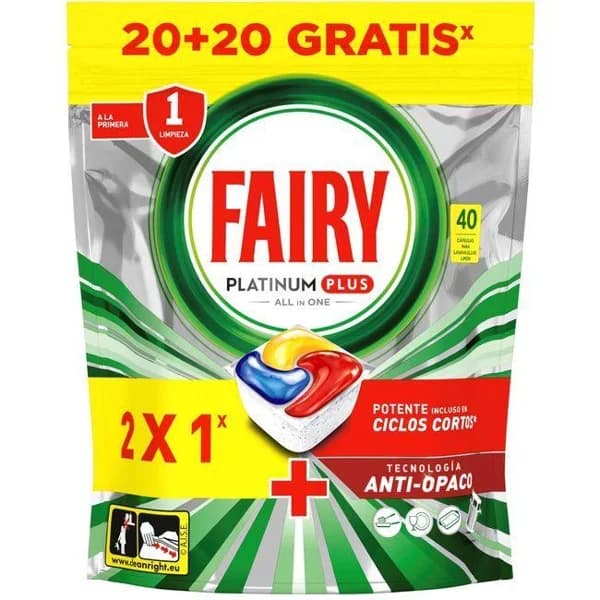 Lavavajillas a máquina FAIRY PLATINUM PLUS, bolsa 20+20 dosis - 20 ud - Imagen del producto en Findit