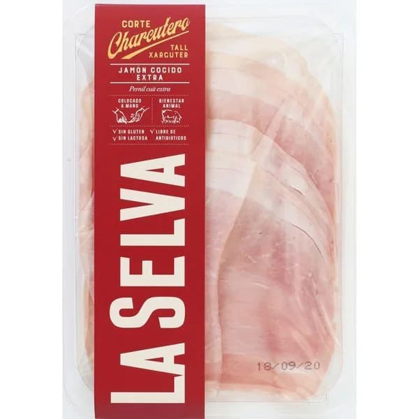 Jamón cocido extra 50% duroc 98% cárnico LA SELVA, bandeja 90 g - 0.09 kg - Imagen del producto en Findit