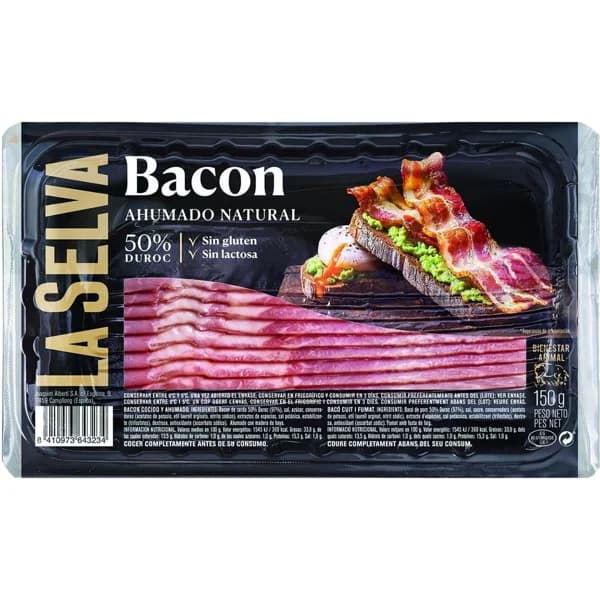 Bacón ahumado natural 50% duroc LA SELVA, sobre 150 g - 0.15 kg - Imagen del producto en Findit