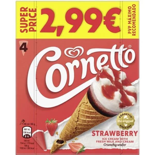 Helado Cono sabor fresa y crema nata CORNETTO, pack 4x90 ml - 0.36 l - Imagen del producto en Findit