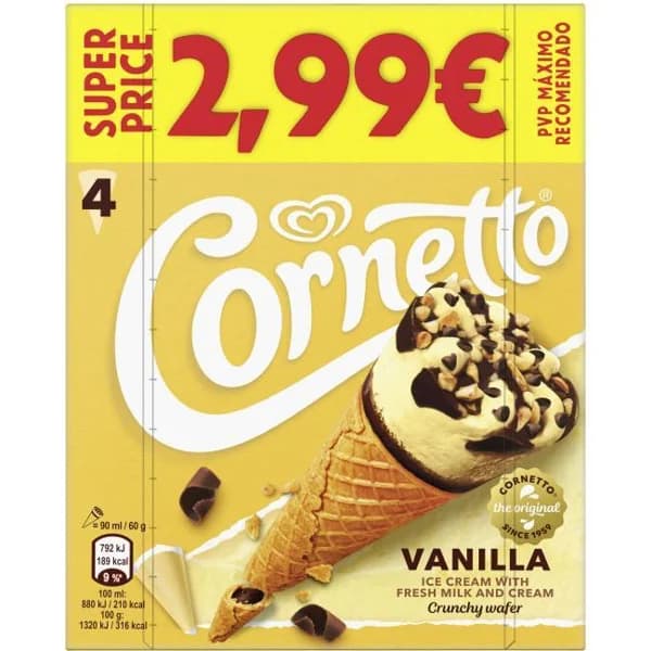 Helado Cono crema de vainilla CORNETTO, pack 4x90 ml - 0.36 l - Imagen del producto en Findit