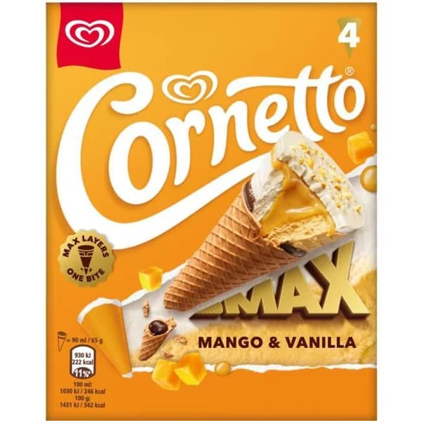 Helado Cono max sabor mango y vainilla CORNETTO, pack 4x65 g - 0.26 kg - Imagen del producto en Findit