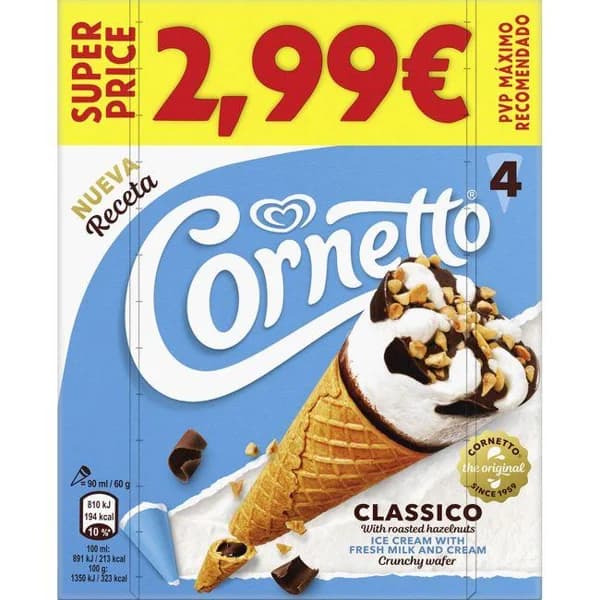 Helado Cono clásico CORNETTO, pack 4x90 ml - 0.36 l - Imagen del producto en Findit