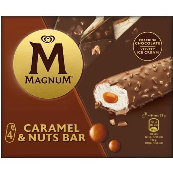 Helado barra de vainilla con Caramel&Nuts MAGNUM, pack 4x64 ml - 0.26 l - Imagen del producto en Findit