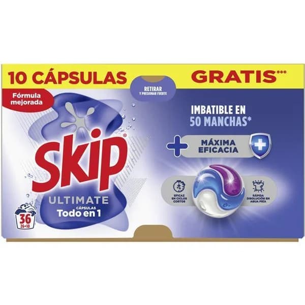 Detergente en cápsulas eficacia SKIP ULTIMATE, caja 36+10 dosis - 10 ud - Imagen del producto en Findit