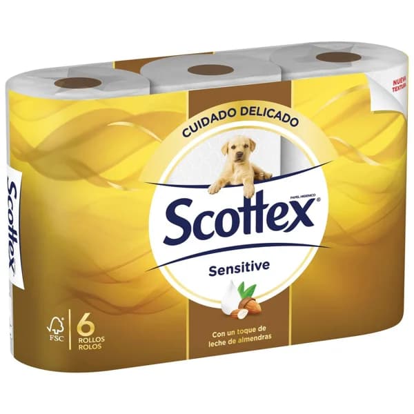 Papel higiénico sensitive SCOTTEX, paquete 6 rollos - 6 ud - Imagen del producto en Findit