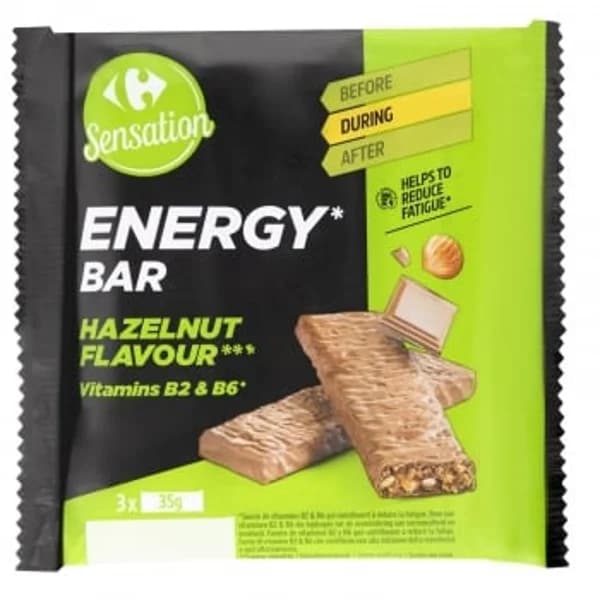 Barrita energética con vitaminas sabor avellana Sensation Carrefour pack 3 unidades de 35 g. - 0.1 kg - Imagen del producto en Findit