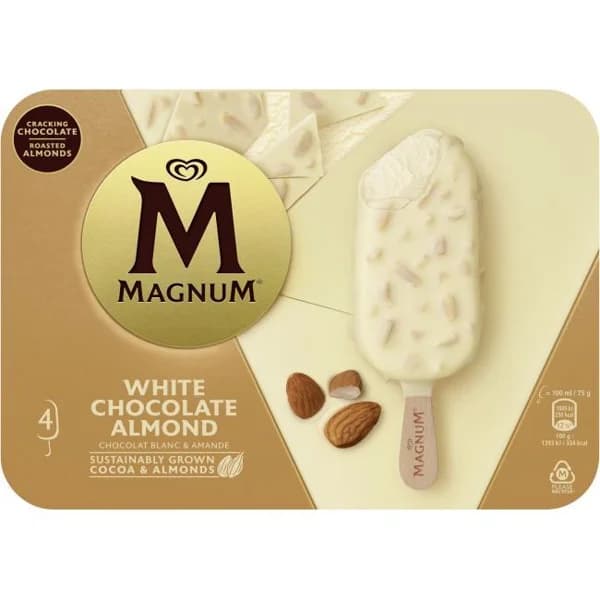 Helado de vainilla c/ choco blanco almendrado MAGNUM, caja 4 uds - 4 ud - Imagen del producto en Findit