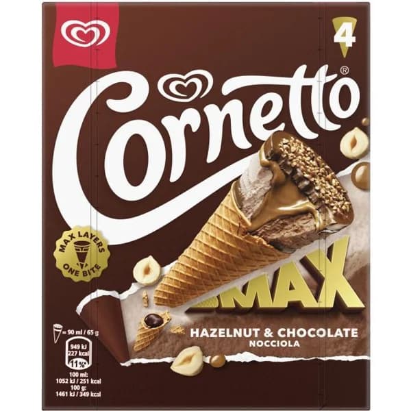 Helado Cono max sabor avellana-chocolate CORNETTO, pack 4x130 ml - 0.52 l - Imagen del producto en Findit