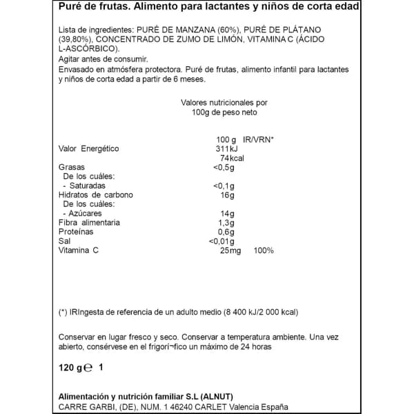Pure infantil Manzana y Plátano 120 GR - 0.12 kg - Imagen del producto en Findit