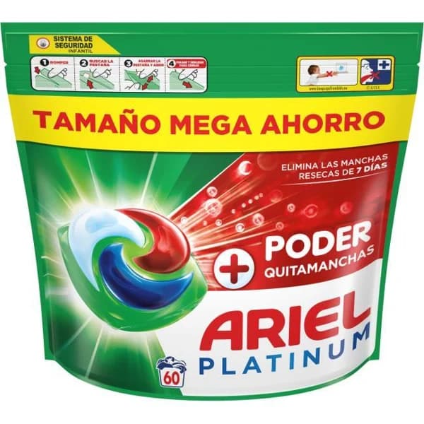 Detergente cápsulas ARIEL + PODER QUITAMANCHAS, bolsa 60 dosis - 60 ud - Imagen del producto en Findit