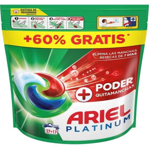 Detergente cápsulas ARIEL + PODER QUITAMANCHAS, bolsa 27+17 dosi - 1 ud - Imagen del producto en Findit