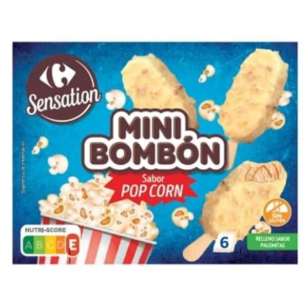 Mini bombón helado pop corn Sensation Carrefour sin gluten 6 ud - 6.07 ud - Imagen del producto en Findit
