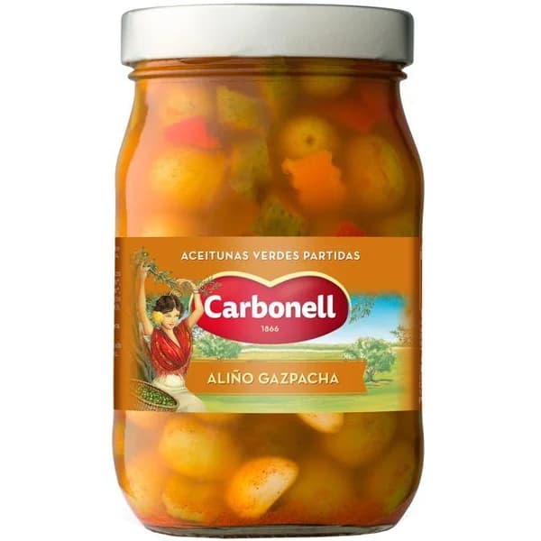 Aceituna con hueso gazpacha CARBONELL, frasco 450 g - 0.45 kg - Imagen del producto en Findit