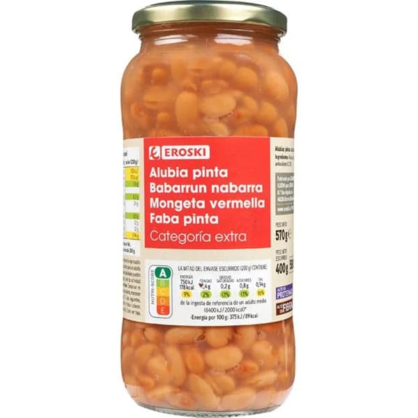Alubia pinta cocida EROSKI, frasco 400 g - 0.4 kg - Imagen del producto en Findit