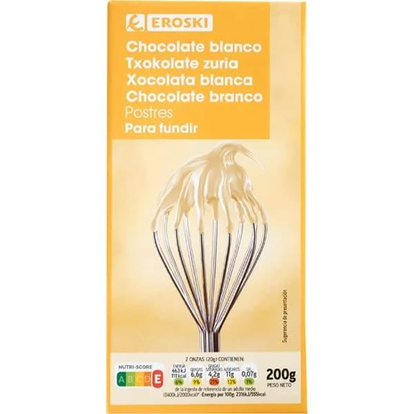 Chocolate blanco para postre EROSKI, tableta 200 g - 0.2 kg - Imagen del producto en Findit