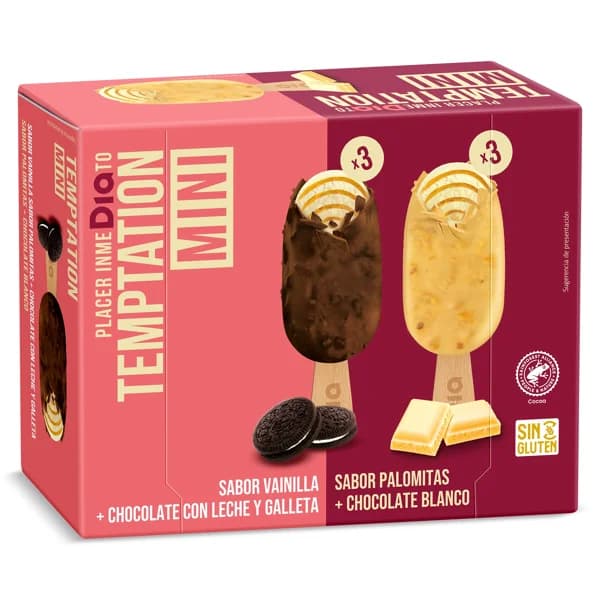 Helado bombón mini popcorn y cookies 6 unidades Temptation de Dia caja 216 g - 0.34 kg - Imagen del producto en Findit