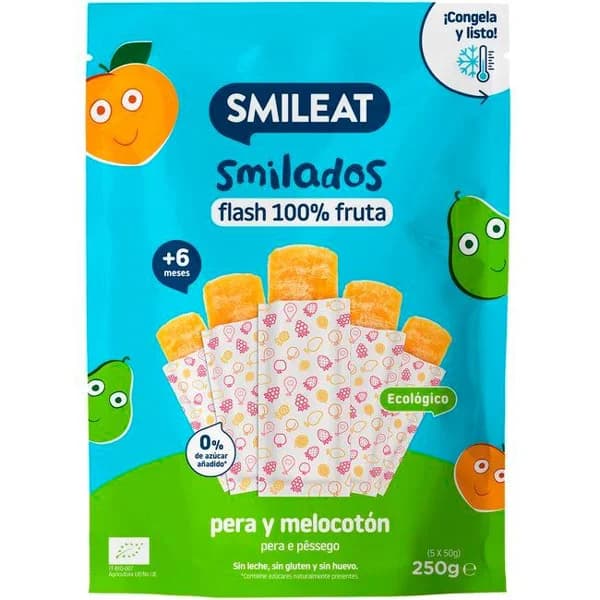Smilado de pera y melocotón ecológico SMILEAT, pack 5x50 g - 0.25 kg - Imagen del producto en Findit