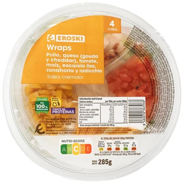 Ensalada completa: Wrap de pollo + quesos EROSKI, bolw 285 g - 0.29 kg - Imagen del producto en Findit
