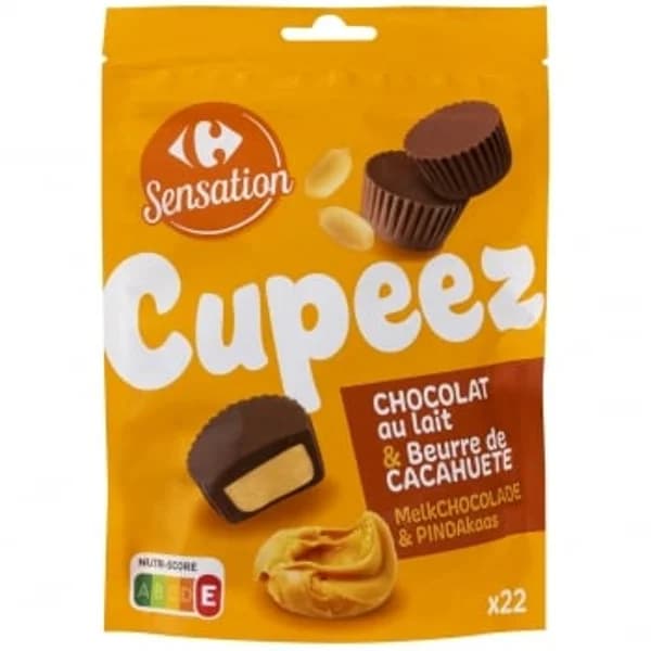 Bombón de chocolate con leche relleno de pasta de cacahuete Cupeez Carrefour Sensation doy pack 215 g. - 0.21 kg - Imagen del producto en Findit